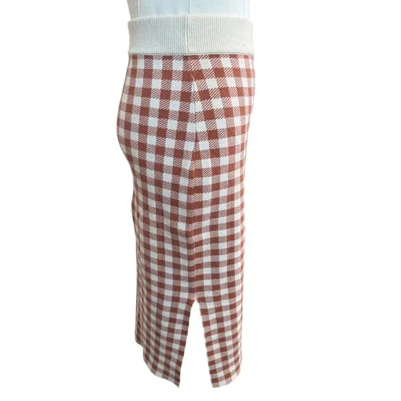 2/$30 Madewell XS Midi Skirt Red Brown & White Gingham Check Elastic Waist Knit - Picture 11 of 14